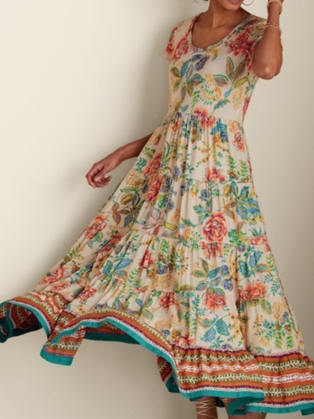 Soft Surroundings Cream Maxi Dress with Multicolor Floral Print